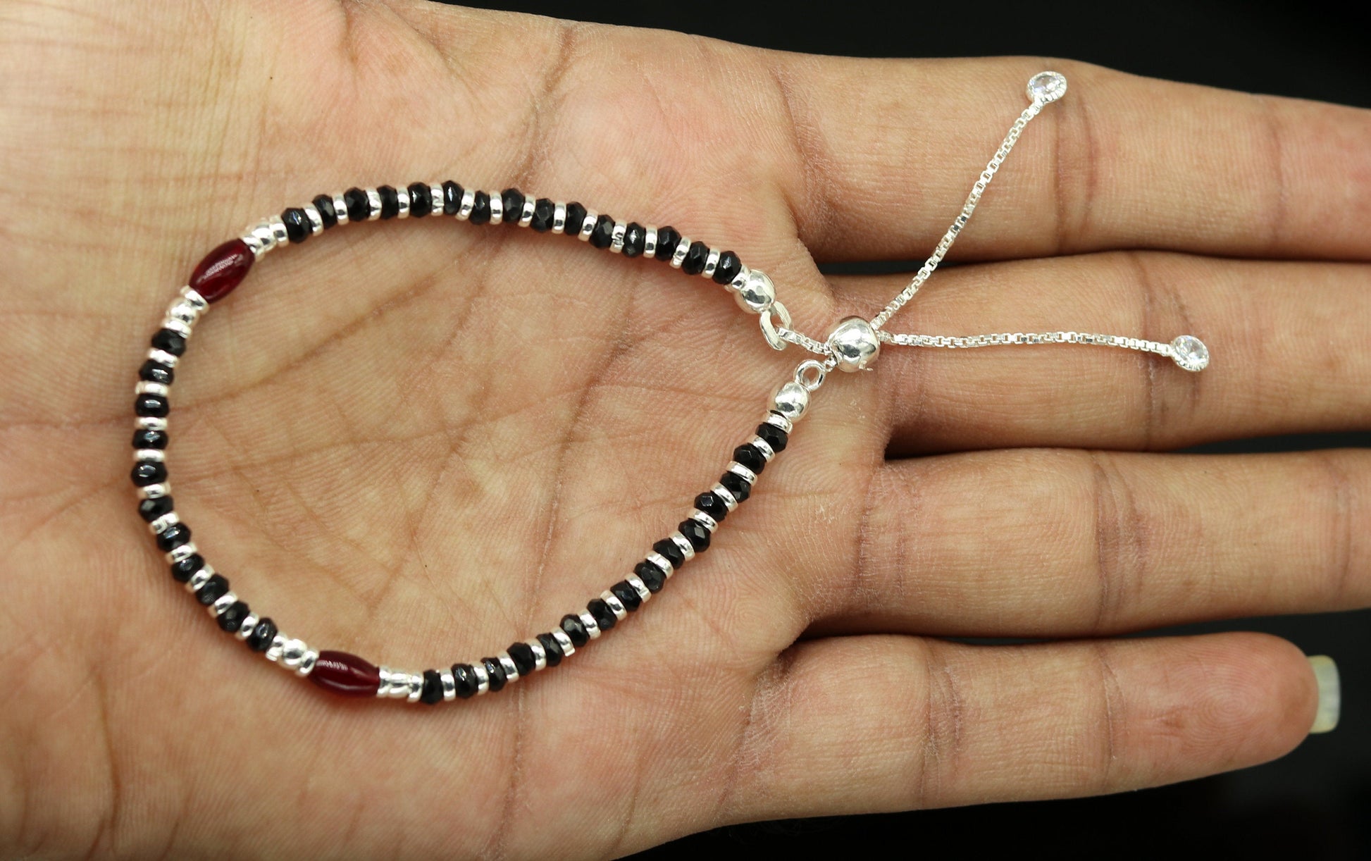 7 inches long handmade 925 sterling silver fabulous silver beads, black stone adjustable customized charm bracelet for girl's gifting sbr173 - TRIBAL ORNAMENTS