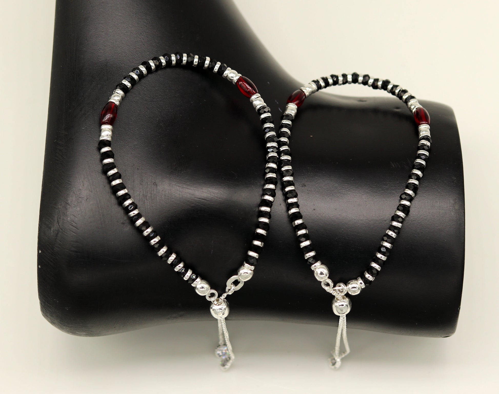 7 inches long handmade 925 sterling silver fabulous silver beads, black stone adjustable customized charm bracelet for girl's gifting sbr173 - TRIBAL ORNAMENTS