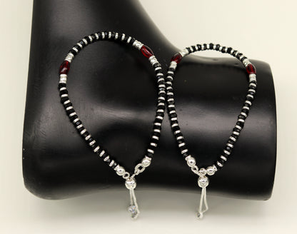 7 inches long handmade 925 sterling silver fabulous silver beads, black stone adjustable customized charm bracelet for girl's gifting sbr173 - TRIBAL ORNAMENTS