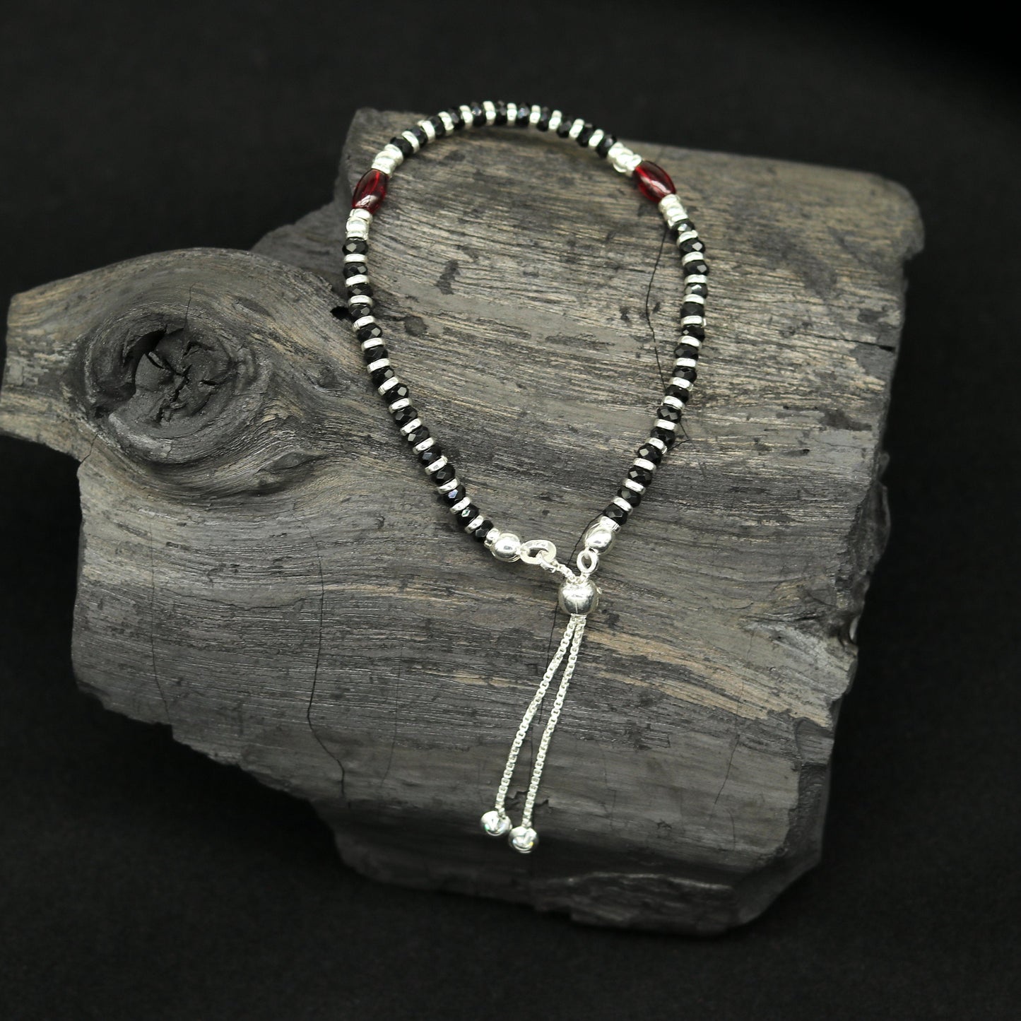 7 inches long handmade 925 sterling silver fabulous silver beads, black stone adjustable customized charm bracelet for girl's gifting sbr173 - TRIBAL ORNAMENTS