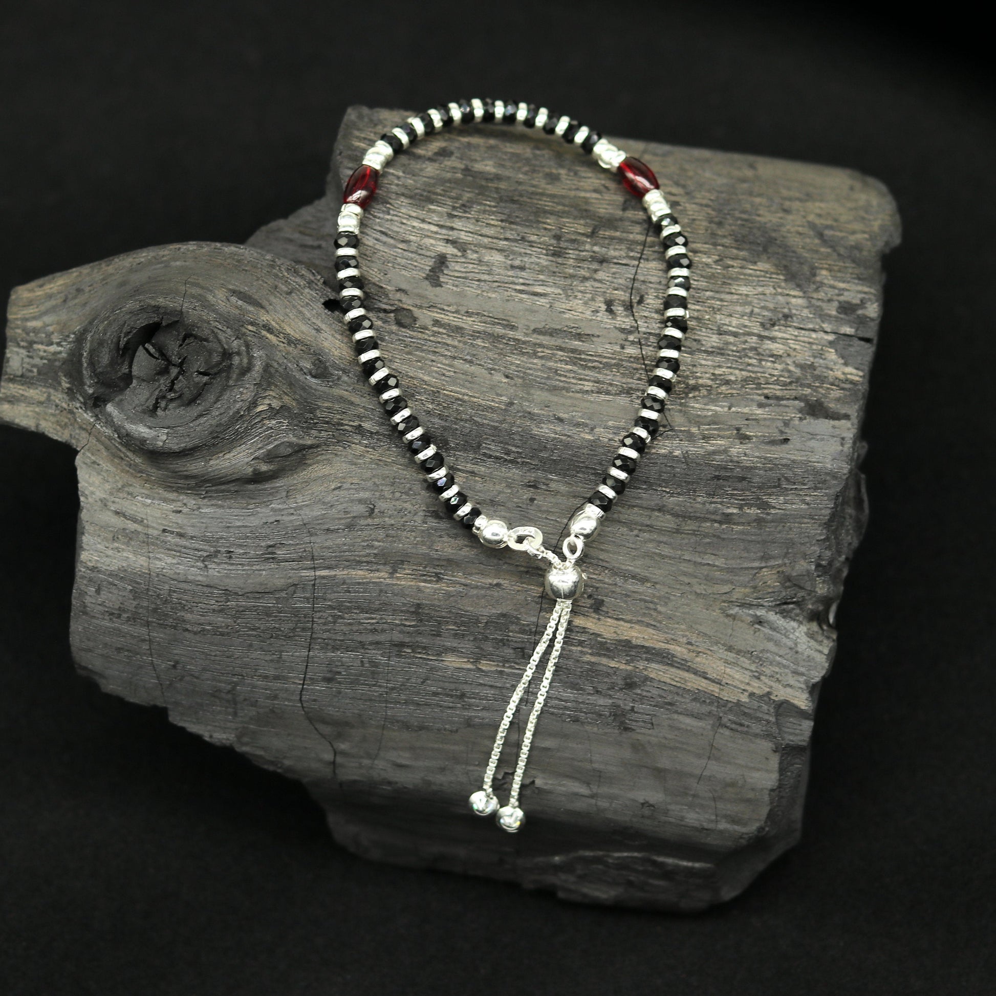 7 inches long handmade 925 sterling silver fabulous silver beads, black stone adjustable customized charm bracelet for girl's gifting sbr173 - TRIBAL ORNAMENTS