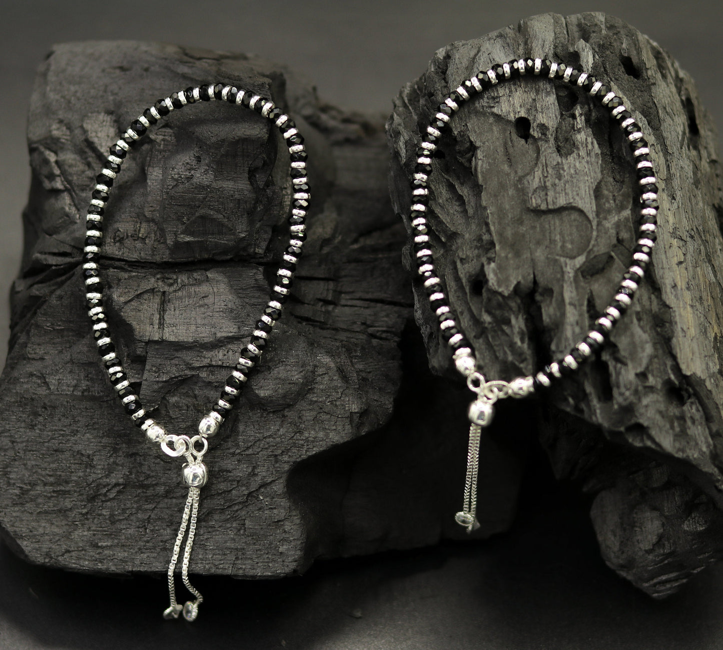 7 inches long handmade 925 sterling silver fabulous silver beads, black stone charm adjustable customized bracelet for girl's gifting sbr171 - TRIBAL ORNAMENTS