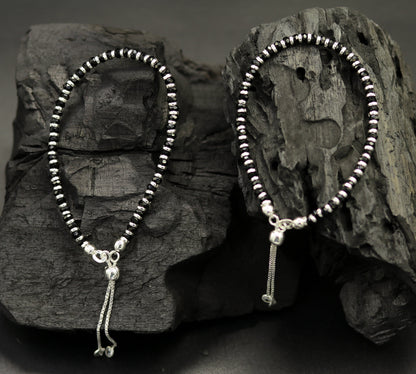 7 inches long handmade 925 sterling silver fabulous silver beads, black stone charm adjustable customized bracelet for girl's gifting sbr171 - TRIBAL ORNAMENTS