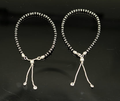 7 inches long handmade 925 sterling silver fabulous silver beads, black stone charm adjustable customized bracelet for girl's gifting sbr171 - TRIBAL ORNAMENTS