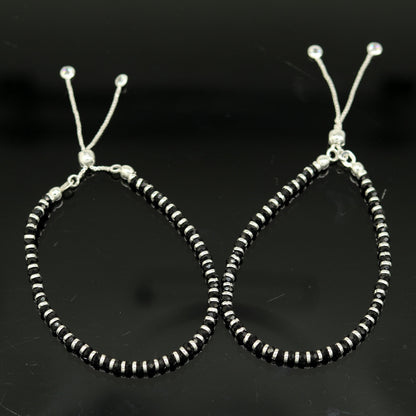 7 inches long handmade 925 sterling silver fabulous silver beads, black stone charm adjustable customized bracelet for girl's gifting sbr171 - TRIBAL ORNAMENTS