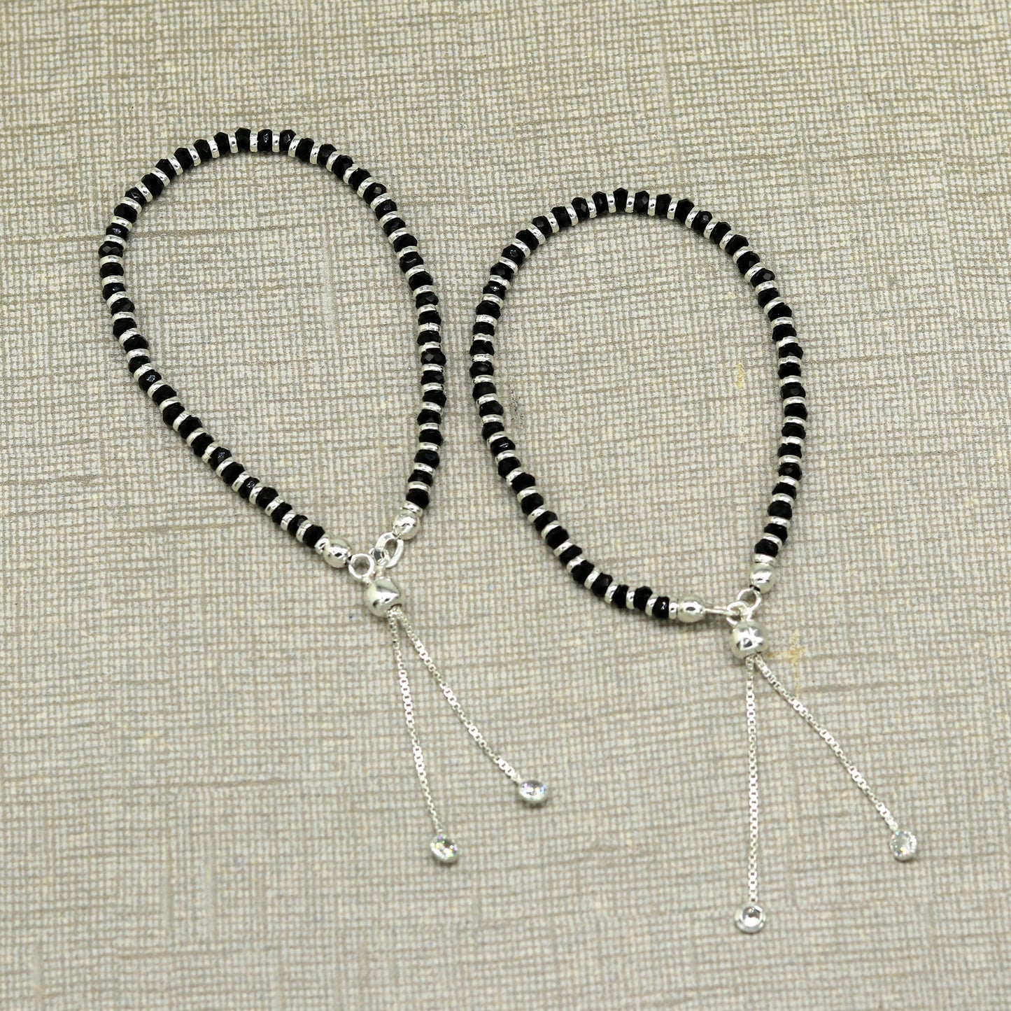 7 inches long handmade 925 sterling silver fabulous silver beads, black stone charm adjustable customized bracelet for girl's gifting sbr171 - TRIBAL ORNAMENTS