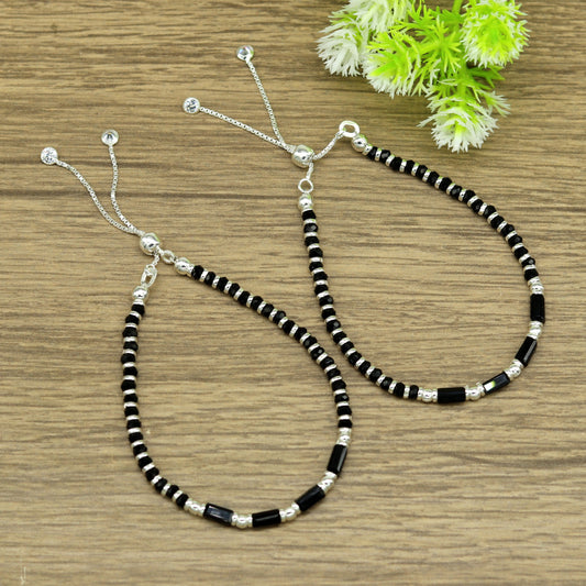 7 inches long handmade 925 sterling silver fabulous silver beads, black stone charm adjustable customized single bracelet for girl's gifting sbr170 - TRIBAL ORNAMENTS
