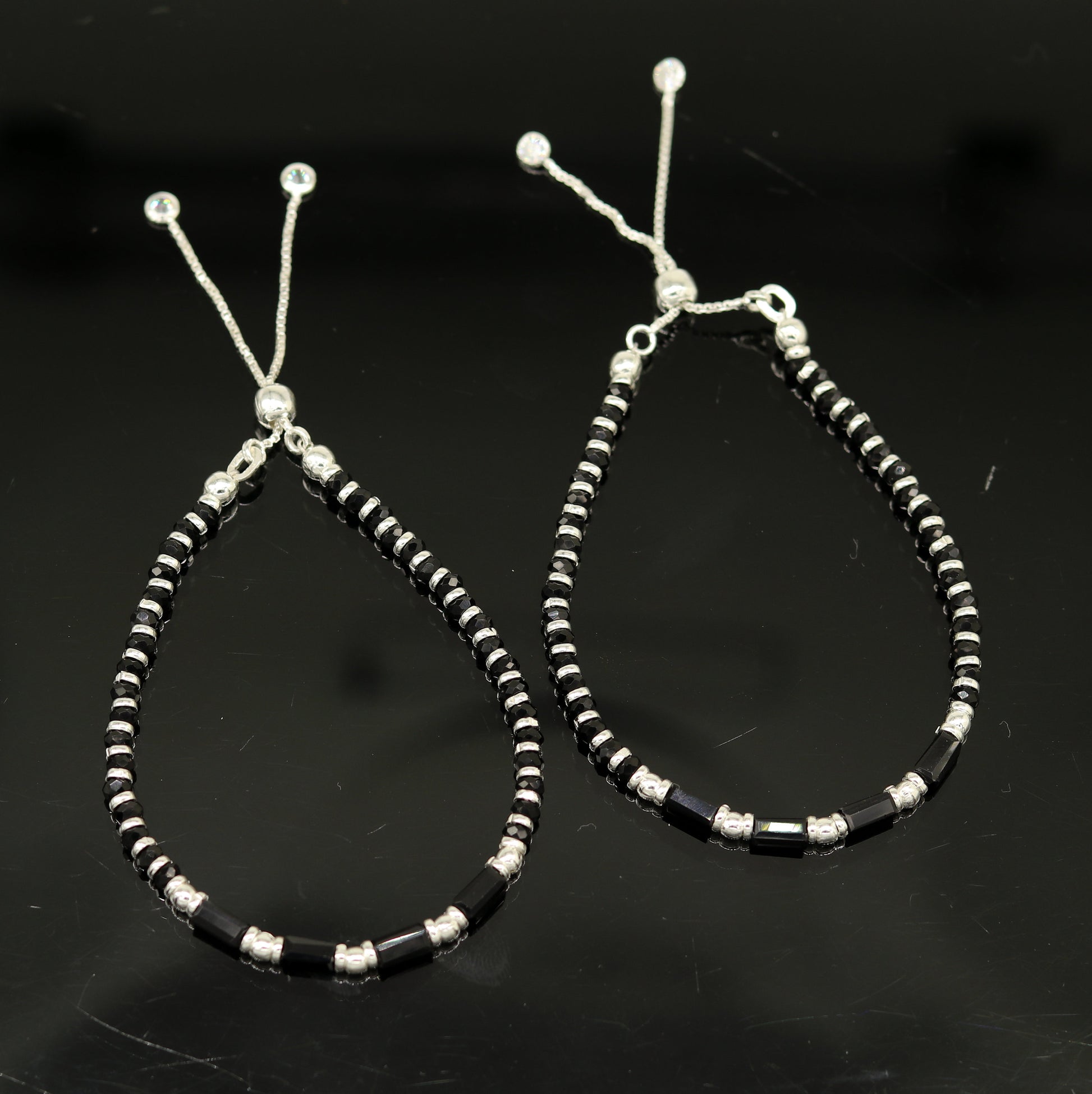 7 inches long handmade 925 sterling silver fabulous silver beads, black stone charm adjustable customized single bracelet for girl's gifting sbr170 - TRIBAL ORNAMENTS