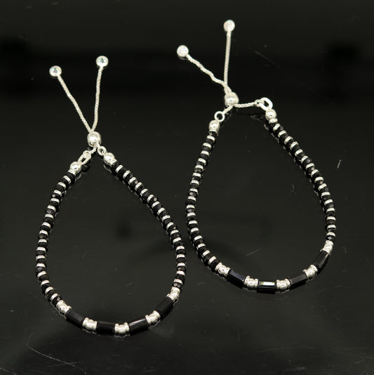 7 inches long handmade 925 sterling silver fabulous silver beads, black stone charm adjustable customized single bracelet for girl's gifting sbr170 - TRIBAL ORNAMENTS