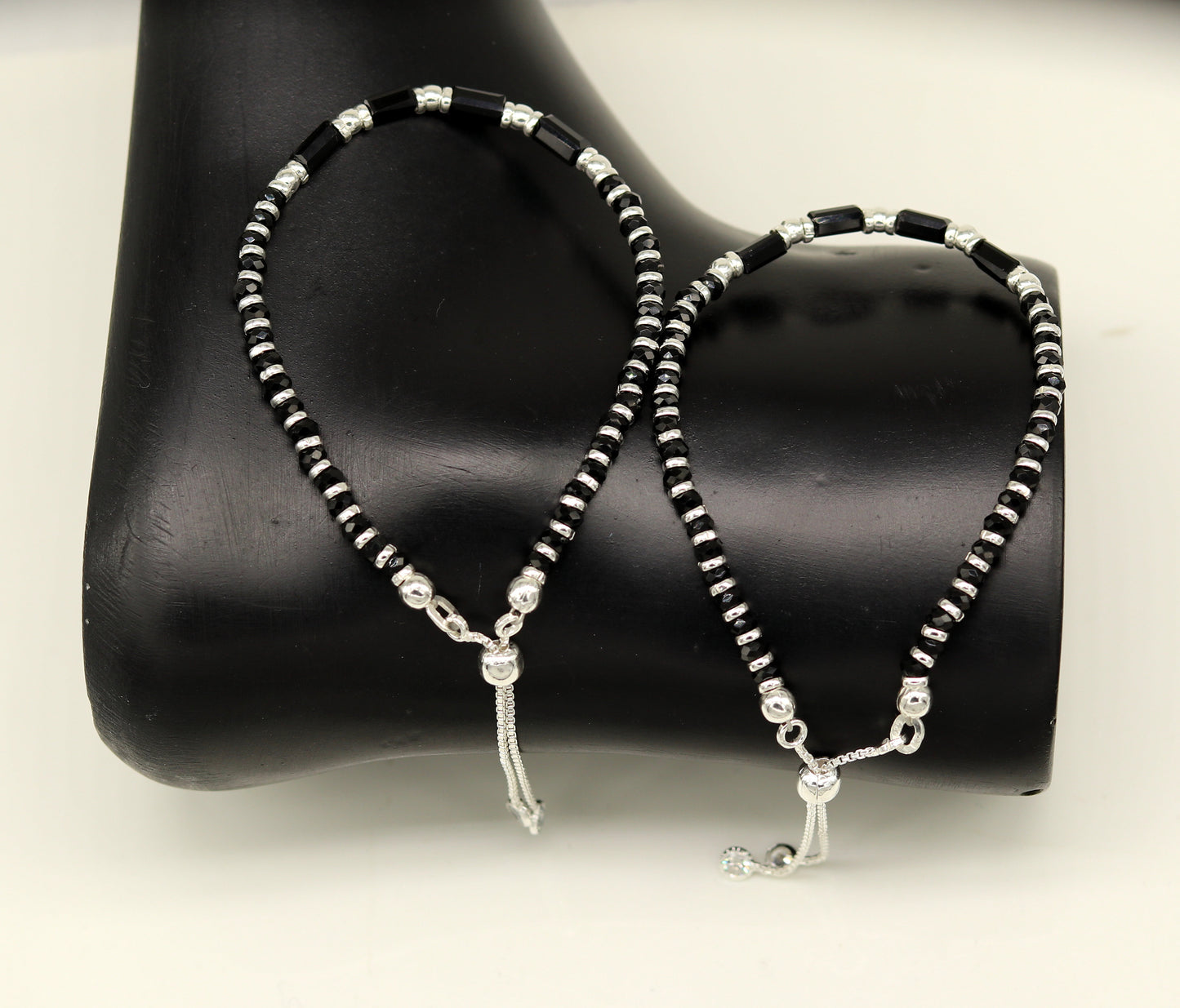 7 inches long handmade 925 sterling silver fabulous silver beads, black stone charm adjustable customized single bracelet for girl's gifting sbr170 - TRIBAL ORNAMENTS