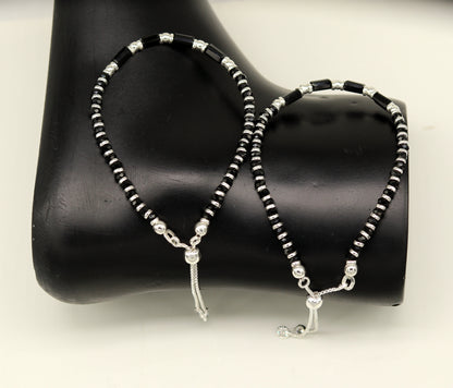 7 inches long handmade 925 sterling silver fabulous silver beads, black stone charm adjustable customized single bracelet for girl's gifting sbr170 - TRIBAL ORNAMENTS