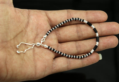 7 inches long handmade 925 sterling silver fabulous silver beads, black stone charm adjustable customized single bracelet for girl's gifting sbr170 - TRIBAL ORNAMENTS