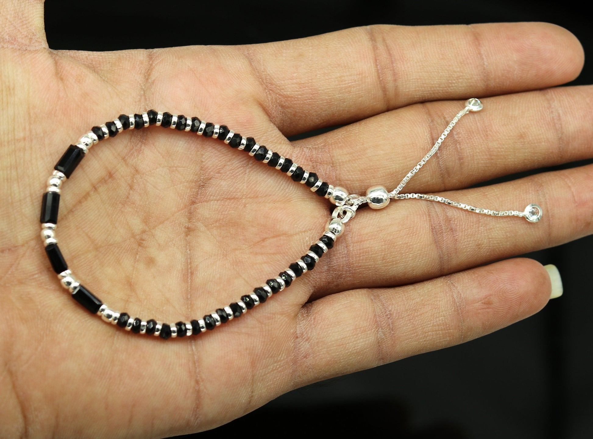 7 inches long handmade 925 sterling silver fabulous silver beads, black stone charm adjustable customized single bracelet for girl's gifting sbr170 - TRIBAL ORNAMENTS