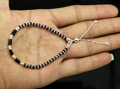 7 inches long handmade 925 sterling silver fabulous silver beads, black stone charm adjustable customized single bracelet for girl's gifting sbr170 - TRIBAL ORNAMENTS
