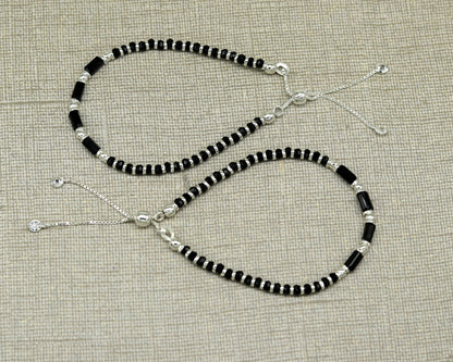 7 inches long handmade 925 sterling silver fabulous silver beads, black stone charm adjustable customized single bracelet for girl's gifting sbr170 - TRIBAL ORNAMENTS