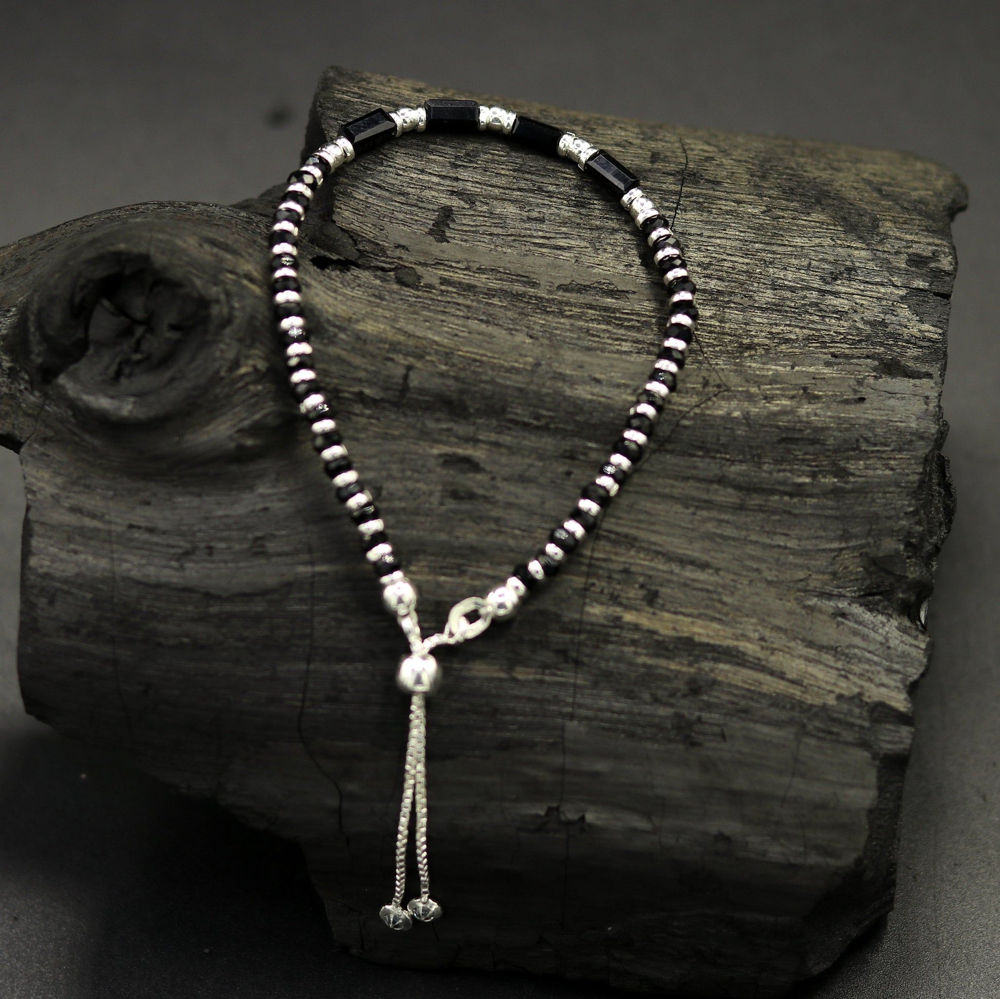 7 inches long handmade 925 sterling silver fabulous silver beads, black stone charm adjustable customized single bracelet for girl's gifting sbr170 - TRIBAL ORNAMENTS