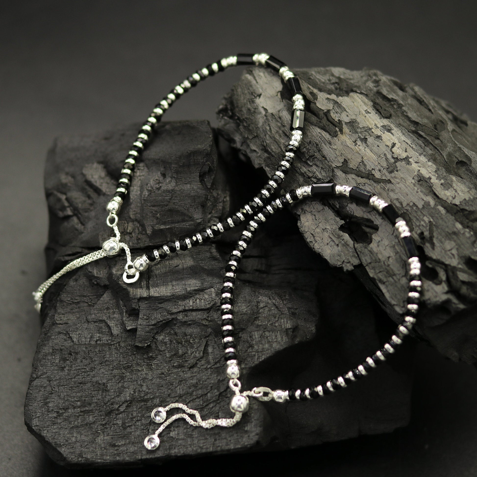 7 inches long handmade 925 sterling silver fabulous silver beads, black stone charm adjustable customized single bracelet for girl's gifting sbr170 - TRIBAL ORNAMENTS