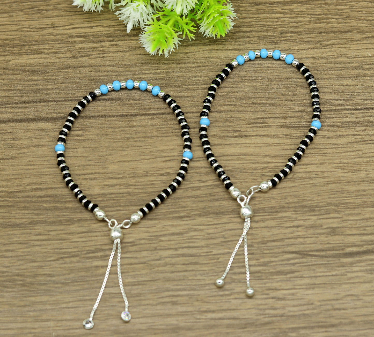 7 inches long handmade 925 sterling silver fabulous silver beads, blue stone charm adjustable customized bracelet for girl's gifting sbr172 - TRIBAL ORNAMENTS