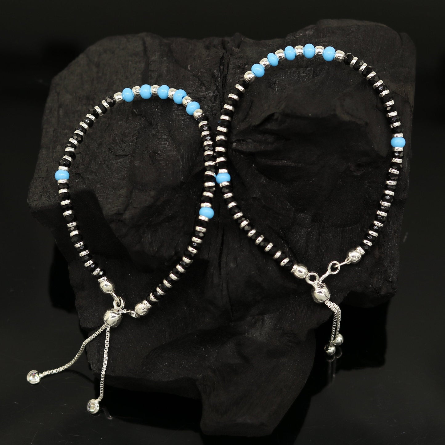 7 inches long handmade 925 sterling silver fabulous silver beads, blue stone charm adjustable customized bracelet for girl's gifting sbr172 - TRIBAL ORNAMENTS