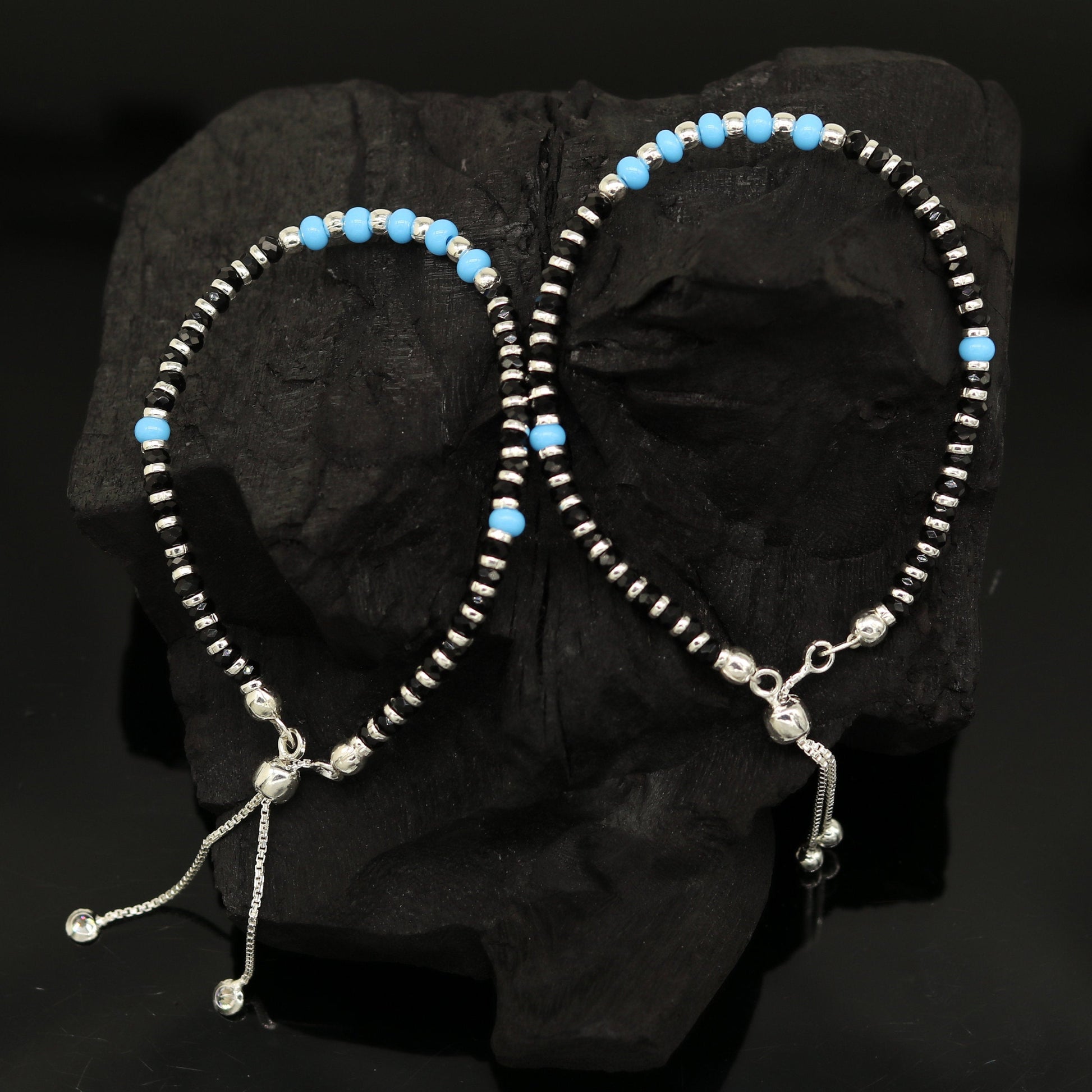 7 inches long handmade 925 sterling silver fabulous silver beads, blue stone charm adjustable customized bracelet for girl's gifting sbr172 - TRIBAL ORNAMENTS