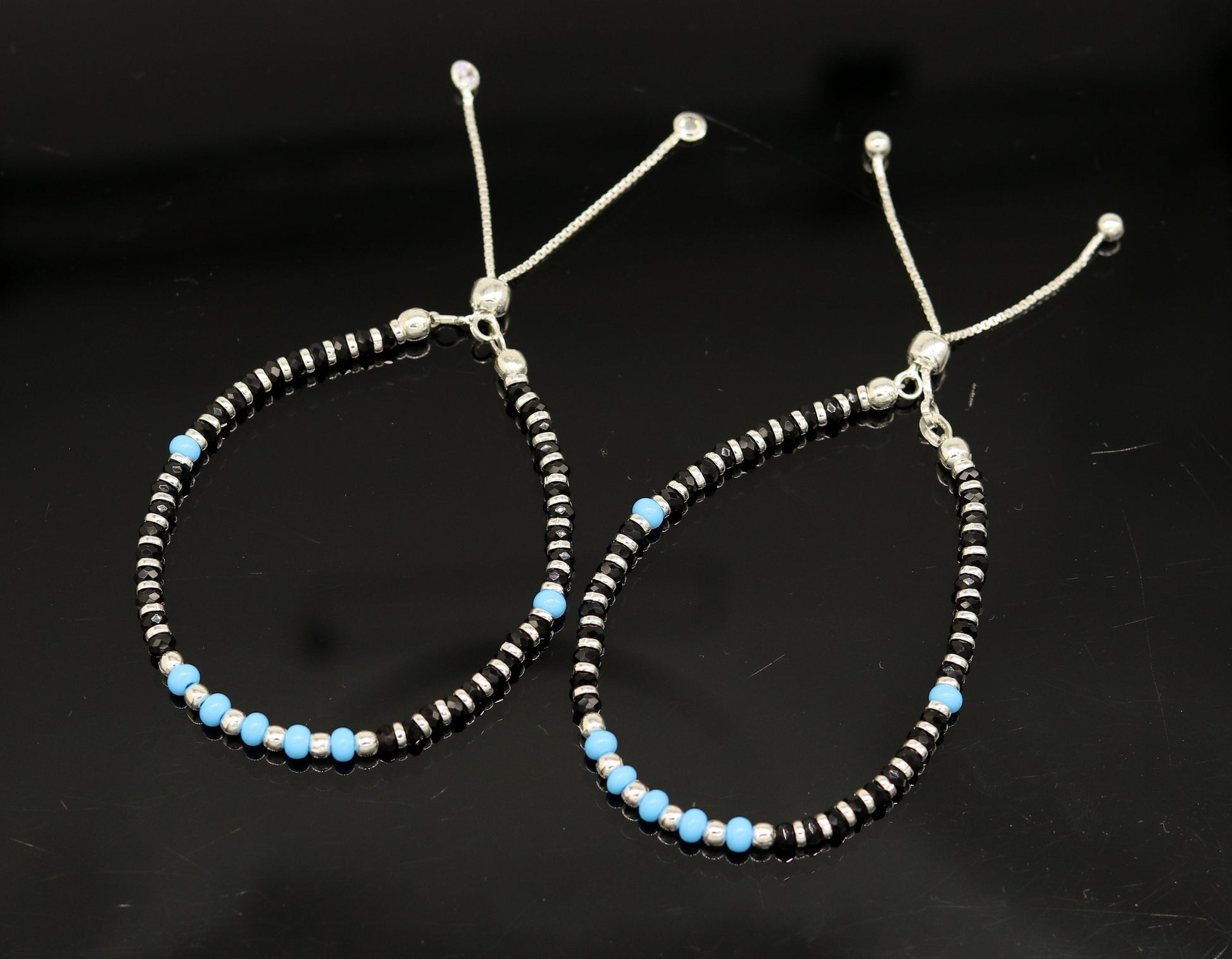 7 inches long handmade 925 sterling silver fabulous silver beads, blue stone charm adjustable customized bracelet for girl's gifting sbr172 - TRIBAL ORNAMENTS