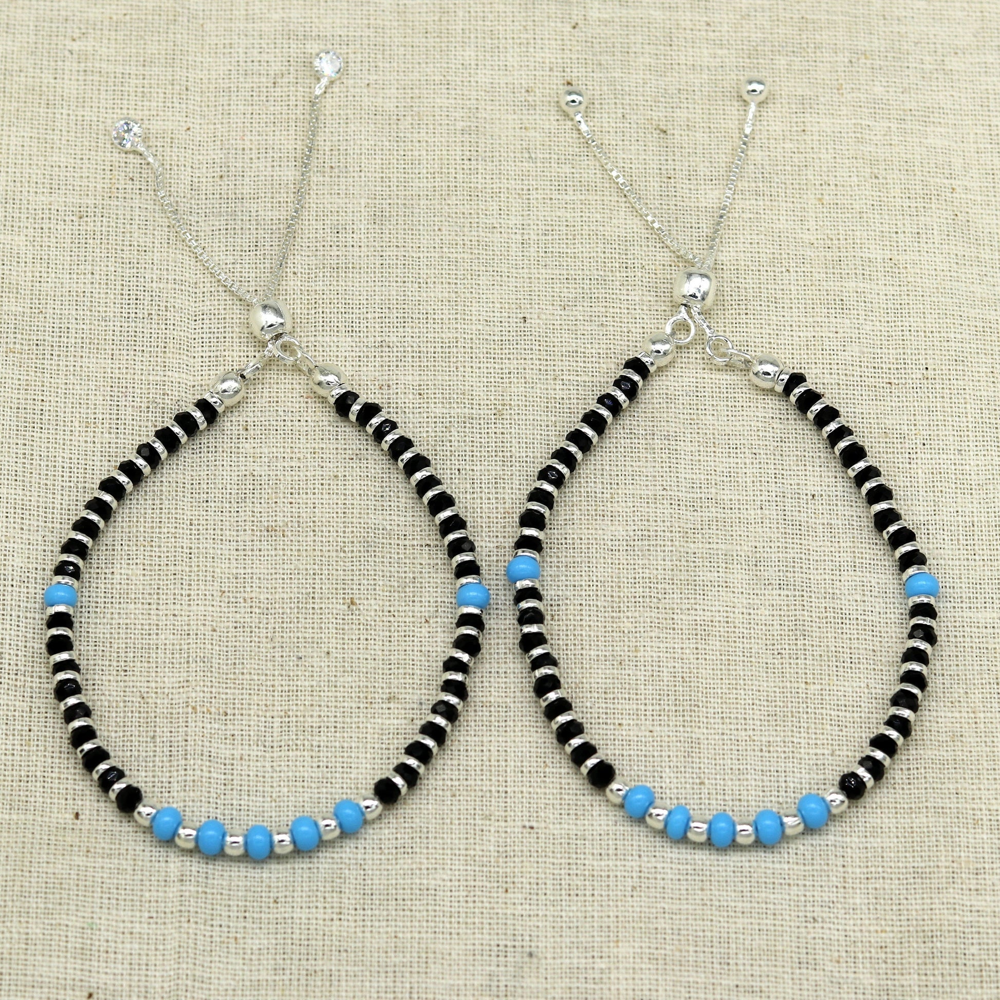 7 inches long handmade 925 sterling silver fabulous silver beads, blue stone charm adjustable customized bracelet for girl's gifting sbr172 - TRIBAL ORNAMENTS
