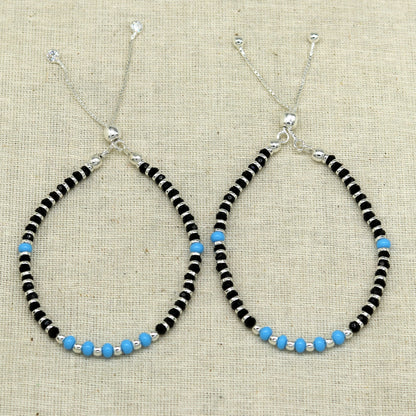 7 inches long handmade 925 sterling silver fabulous silver beads, blue stone charm adjustable customized bracelet for girl's gifting sbr172 - TRIBAL ORNAMENTS