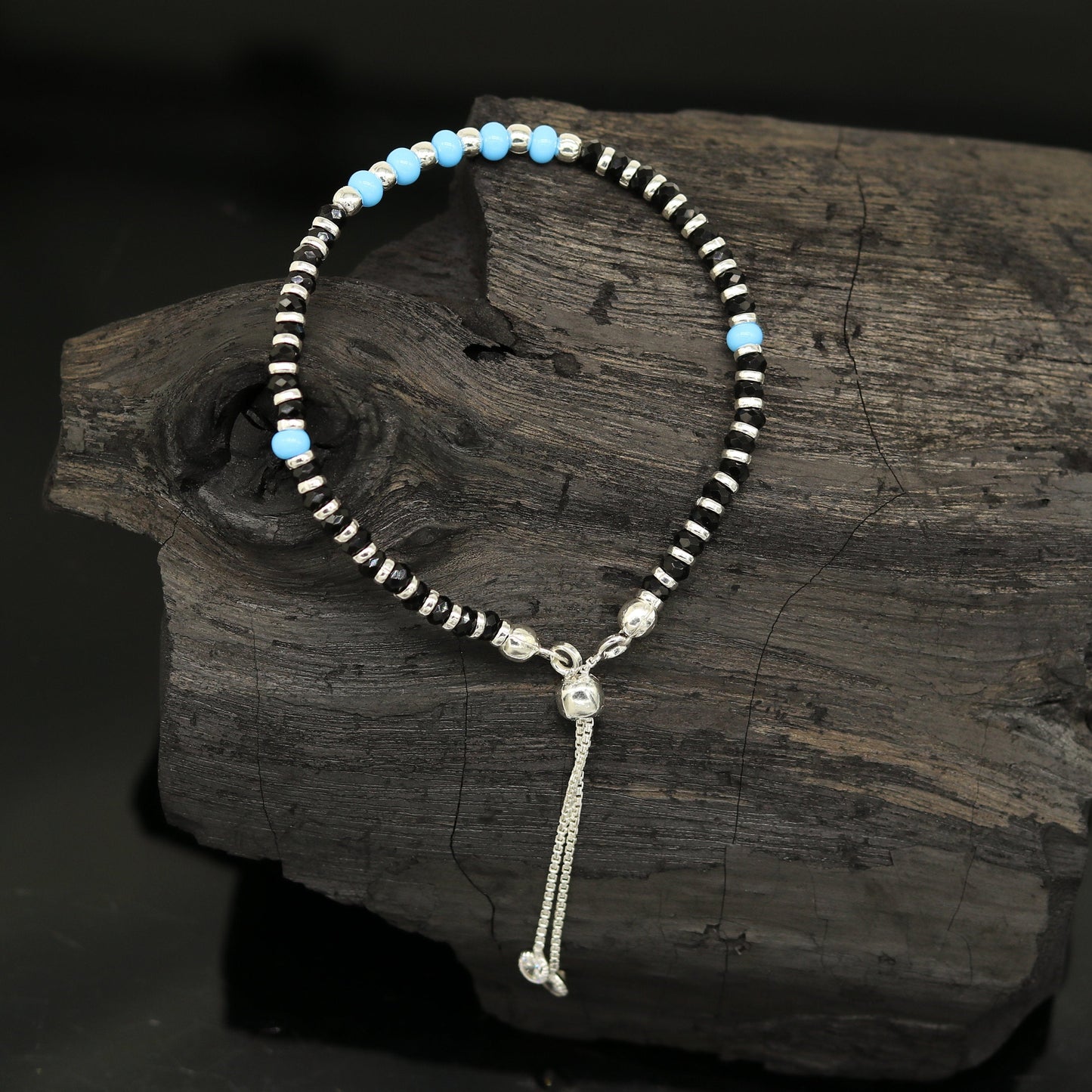 7 inches long handmade 925 sterling silver fabulous silver beads, blue stone charm adjustable customized bracelet for girl's gifting sbr172 - TRIBAL ORNAMENTS