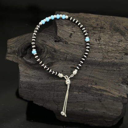7 inches long handmade 925 sterling silver fabulous silver beads, blue stone charm adjustable customized bracelet for girl's gifting sbr172 - TRIBAL ORNAMENTS