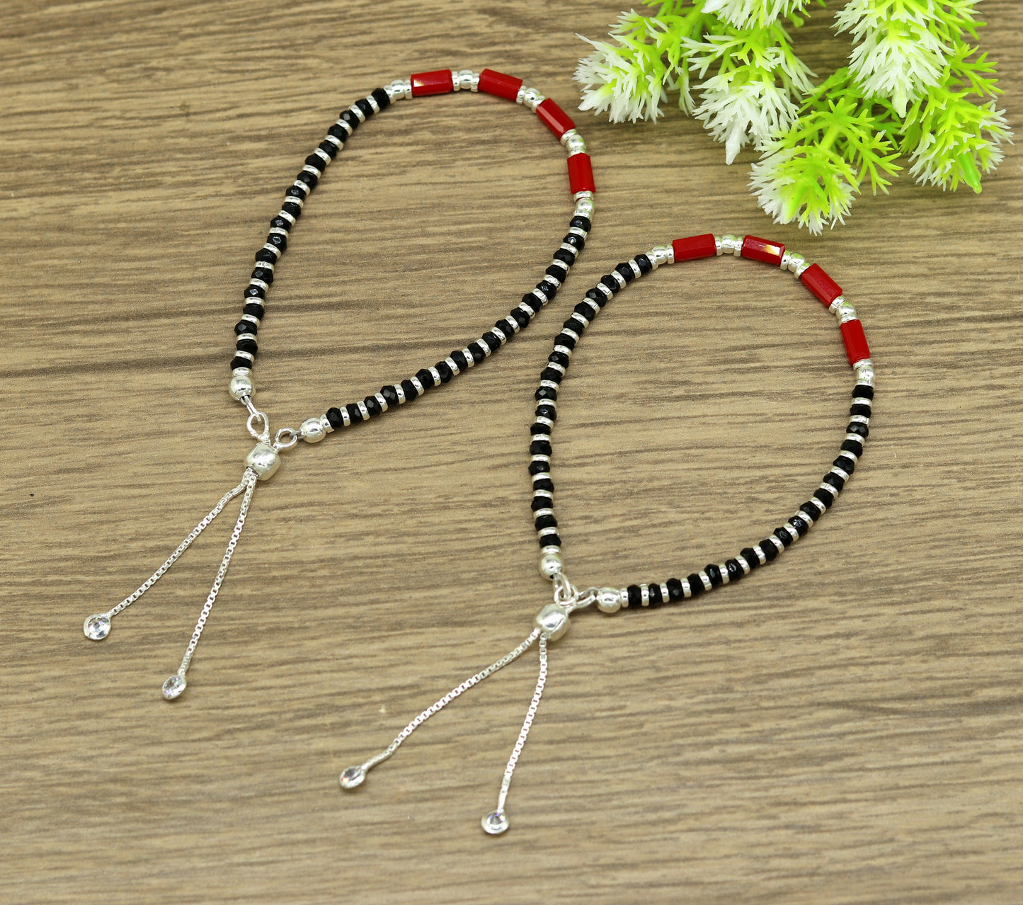 7 inches long handmade 925 sterling silver fabulous silver beads, red and black stone charm adjustable customized bracelet for girl's sbr169 - TRIBAL ORNAMENTS