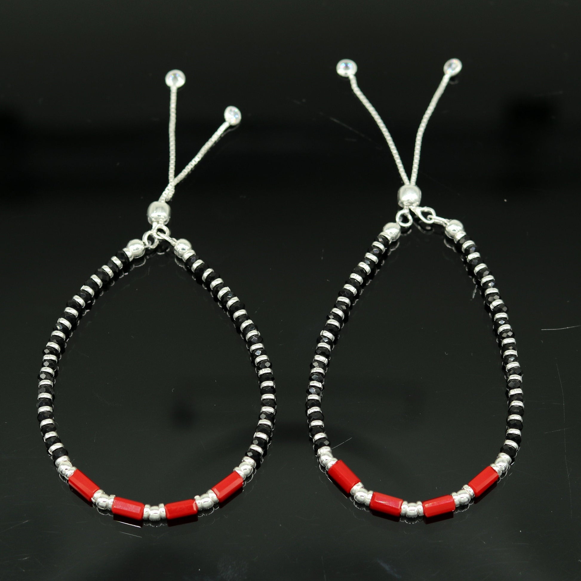 7 inches long handmade 925 sterling silver fabulous silver beads, red and black stone charm adjustable customized bracelet for girl's sbr169 - TRIBAL ORNAMENTS