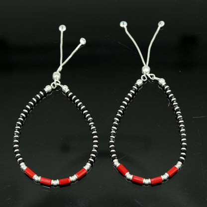 7 inches long handmade 925 sterling silver fabulous silver beads, red and black stone charm adjustable customized bracelet for girl's sbr169 - TRIBAL ORNAMENTS