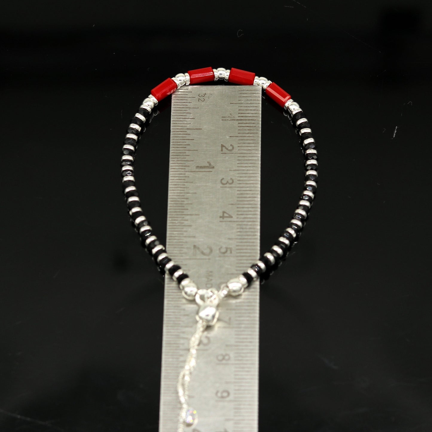 7 inches long handmade 925 sterling silver fabulous silver beads, red and black stone charm adjustable customized bracelet for girl's sbr169 - TRIBAL ORNAMENTS