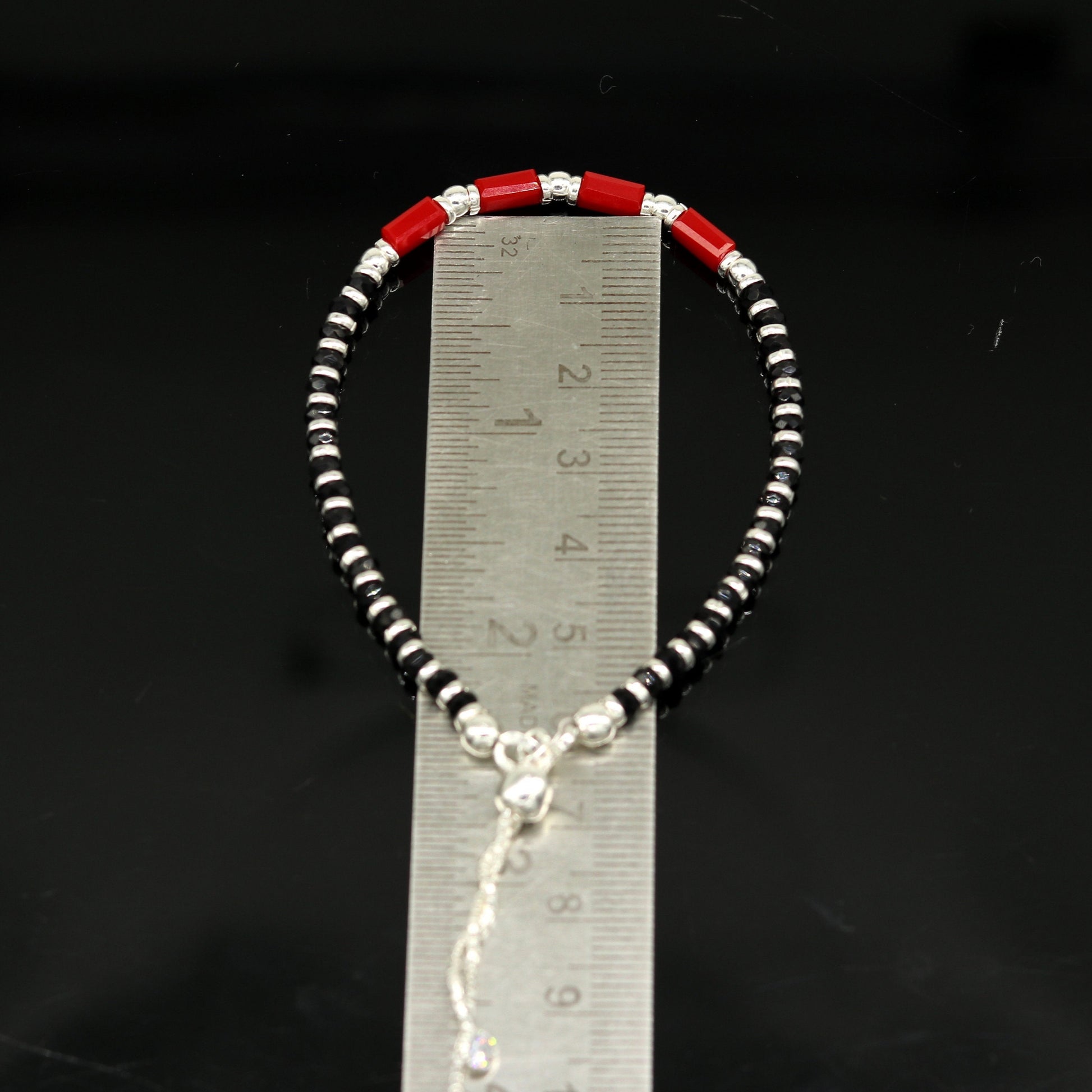 7 inches long handmade 925 sterling silver fabulous silver beads, red and black stone charm adjustable customized bracelet for girl's sbr169 - TRIBAL ORNAMENTS