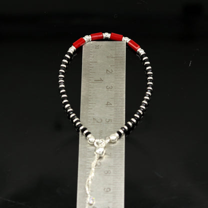7 inches long handmade 925 sterling silver fabulous silver beads, red and black stone charm adjustable customized bracelet for girl's sbr169 - TRIBAL ORNAMENTS