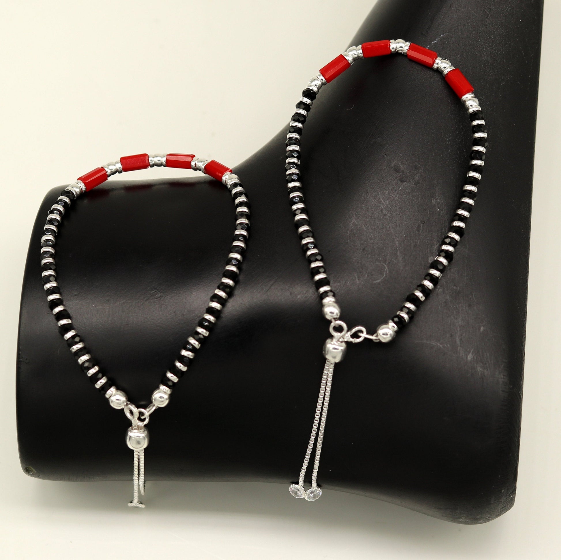 7 inches long handmade 925 sterling silver fabulous silver beads, red and black stone charm adjustable customized bracelet for girl's sbr169 - TRIBAL ORNAMENTS