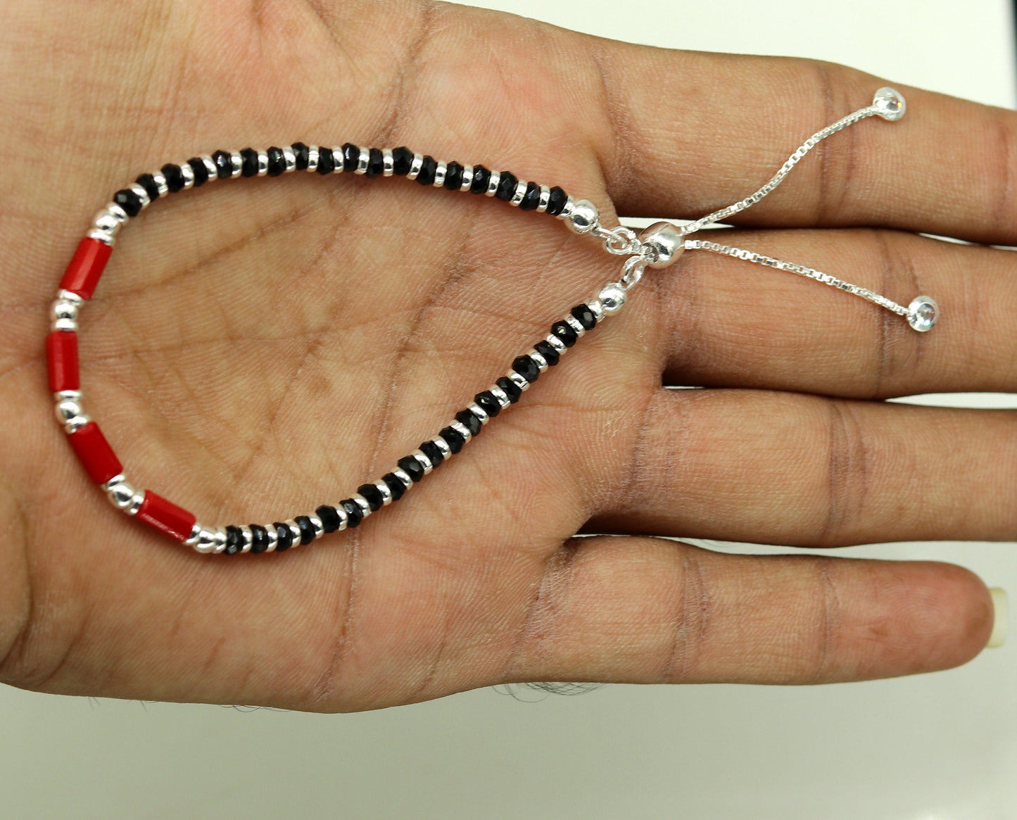 7 inches long handmade 925 sterling silver fabulous silver beads, red and black stone charm adjustable customized bracelet for girl's sbr169 - TRIBAL ORNAMENTS