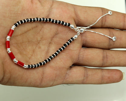 7 inches long handmade 925 sterling silver fabulous silver beads, red and black stone charm adjustable customized bracelet for girl's sbr169 - TRIBAL ORNAMENTS