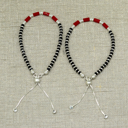 7 inches long handmade 925 sterling silver fabulous silver beads, red and black stone charm adjustable customized bracelet for girl's sbr169 - TRIBAL ORNAMENTS