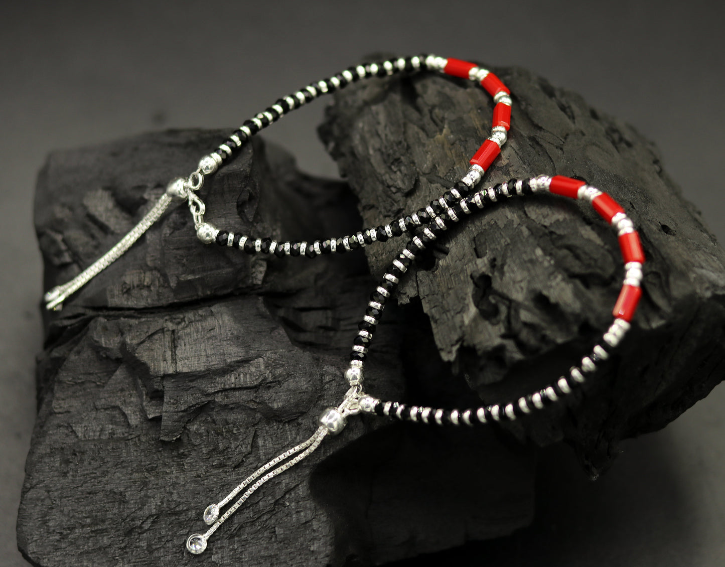 7 inches long handmade 925 sterling silver fabulous silver beads, red and black stone charm adjustable customized bracelet for girl's sbr169 - TRIBAL ORNAMENTS