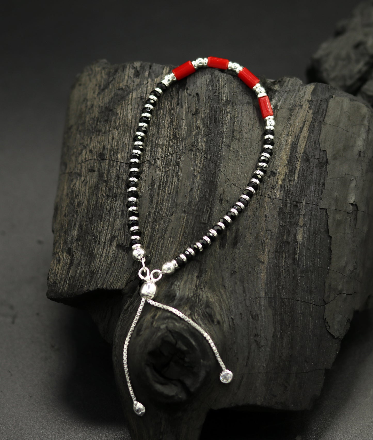 7 inches long handmade 925 sterling silver fabulous silver beads, red and black stone charm adjustable customized bracelet for girl's sbr169 - TRIBAL ORNAMENTS