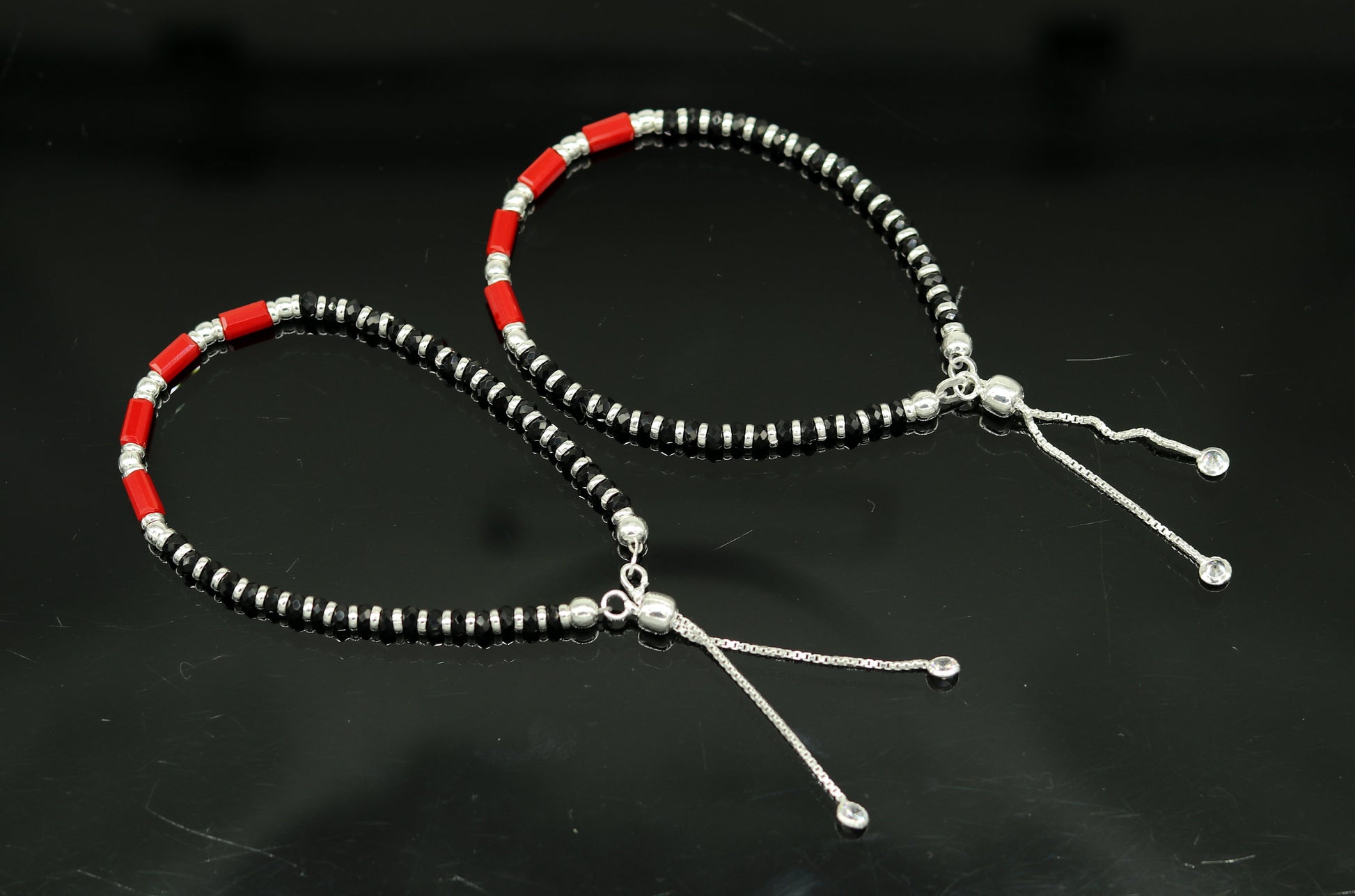 7 inches long handmade 925 sterling silver fabulous silver beads, red and black stone charm adjustable customized bracelet for girl's sbr169 - TRIBAL ORNAMENTS