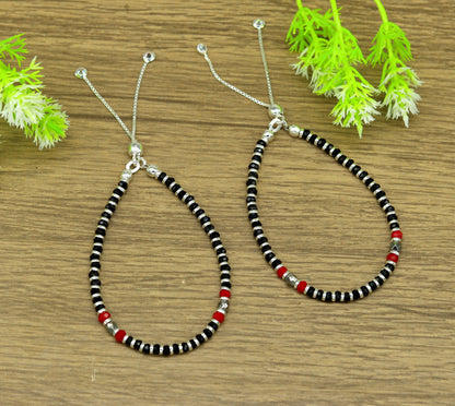 7" long 925 sterling silver gorgeous black and red beaded bracelet, charm bracelet, customized bracelet adjustable girl's jewelry sbr160 - TRIBAL ORNAMENTS