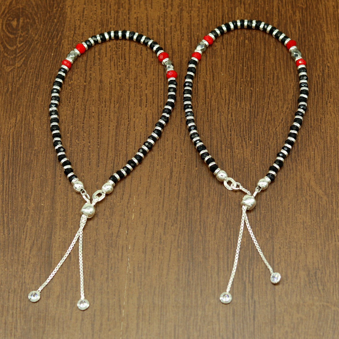 7" long 925 sterling silver gorgeous black and red beaded bracelet, charm bracelet, customized bracelet adjustable girl's jewelry sbr160 - TRIBAL ORNAMENTS