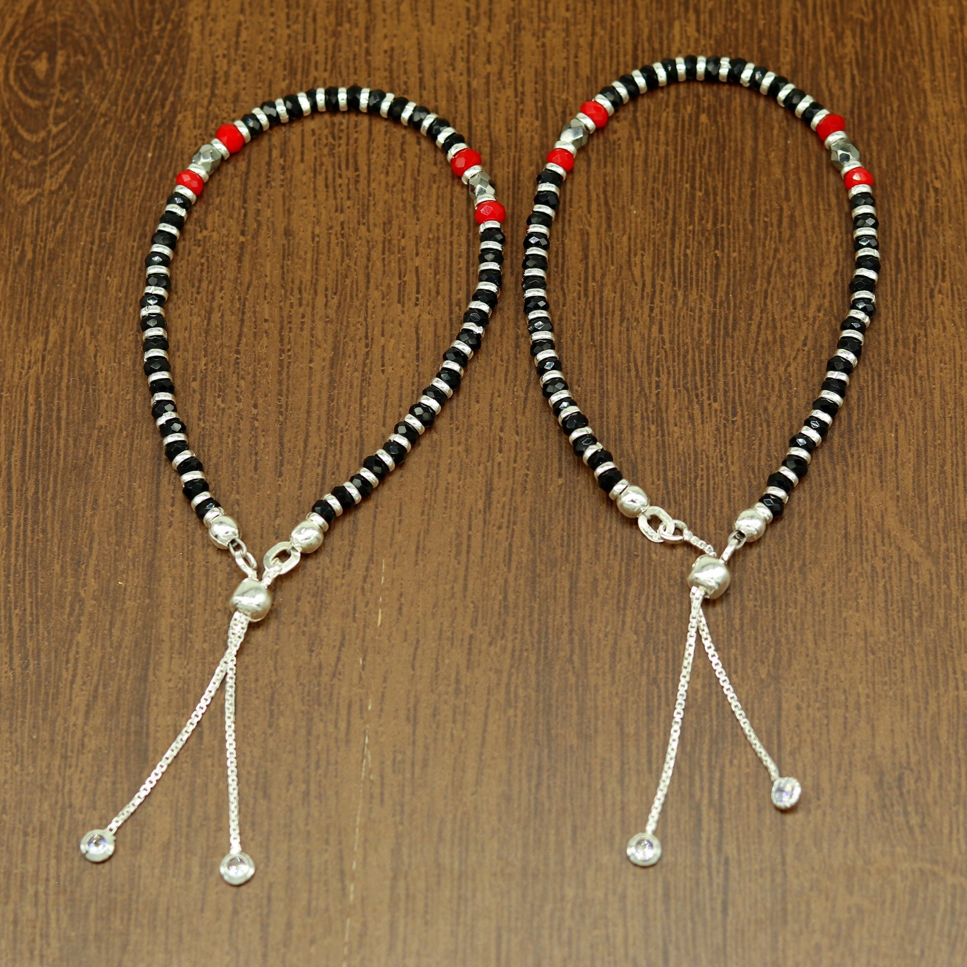 7" long 925 sterling silver gorgeous black and red beaded bracelet, charm bracelet, customized bracelet adjustable girl's jewelry sbr160 - TRIBAL ORNAMENTS