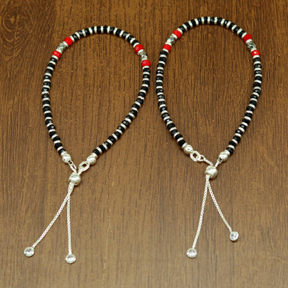7" long 925 sterling silver gorgeous black and red beaded bracelet, charm bracelet, customized bracelet adjustable girl's jewelry sbr160 - TRIBAL ORNAMENTS