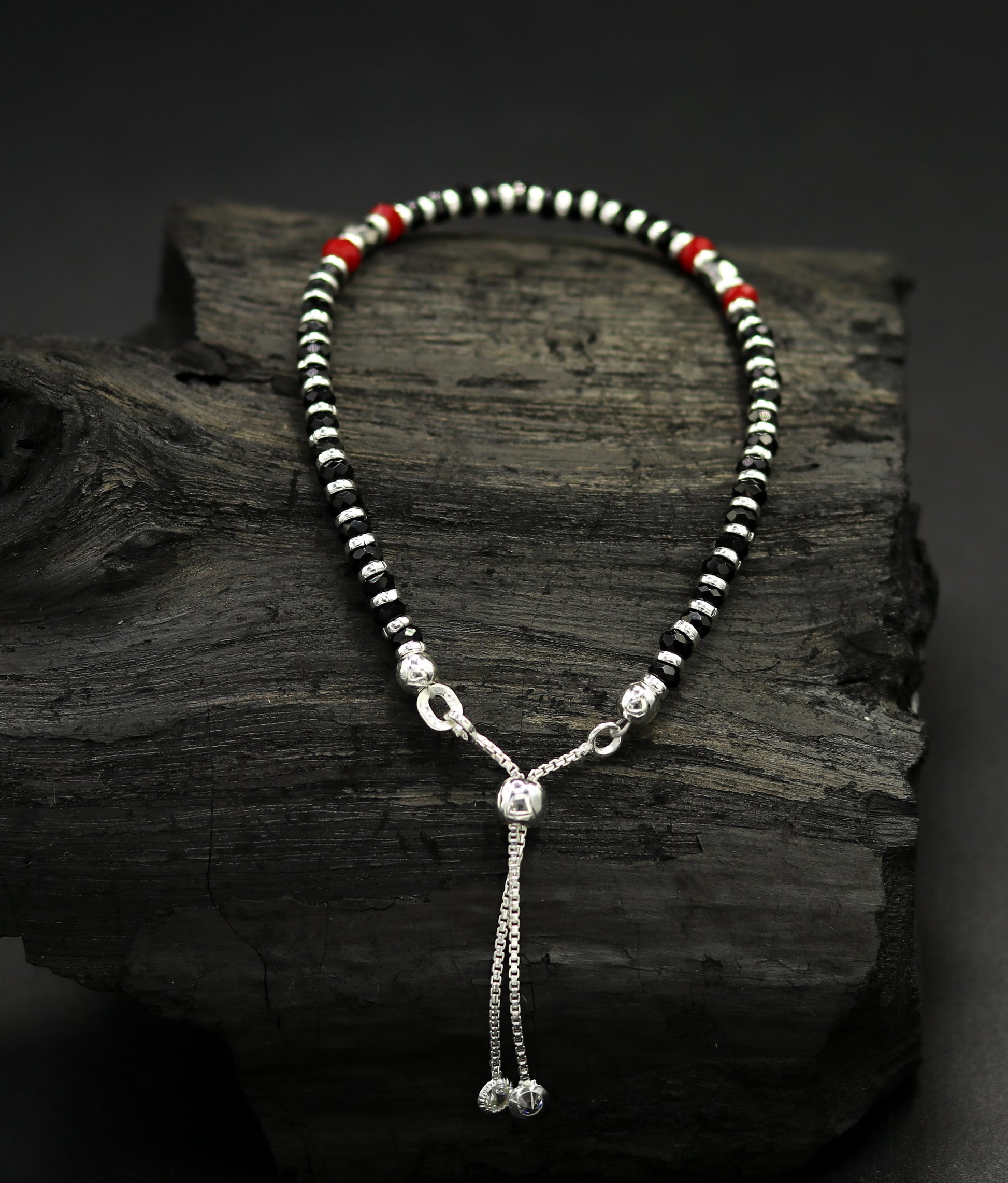 7" long 925 sterling silver gorgeous black and red beaded bracelet, charm bracelet, customized bracelet adjustable girl's jewelry sbr160 - TRIBAL ORNAMENTS