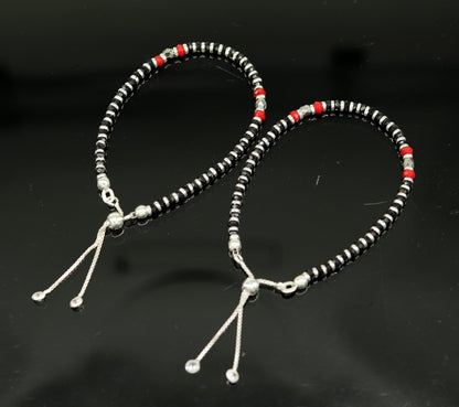 7" long 925 sterling silver gorgeous black and red beaded bracelet, charm bracelet, customized bracelet adjustable girl's jewelry sbr160 - TRIBAL ORNAMENTS