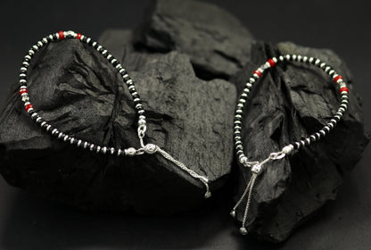7" long 925 sterling silver gorgeous black and red beaded bracelet, charm bracelet, customized bracelet adjustable girl's jewelry sbr160 - TRIBAL ORNAMENTS