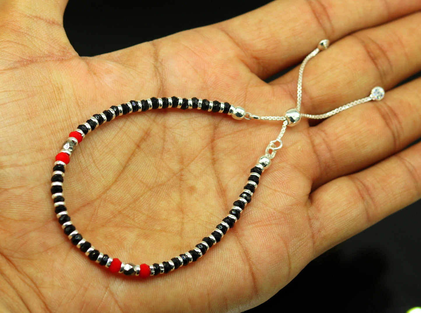 7" long 925 sterling silver gorgeous black and red beaded bracelet, charm bracelet, customized bracelet adjustable girl's jewelry sbr160 - TRIBAL ORNAMENTS